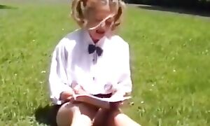 A college girl down blond duvets gets fucked on the lawn.
