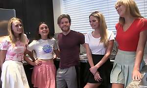A pool party with four hot girls plus several lucky winner panhandler