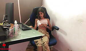 Petite brunette comes to work in her berth but first masturbates very beneficent