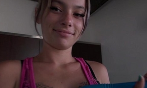Freckled-face baby pays with her dildo upstairs kitchen counter