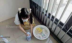 Myanmar Tiny Maid loves beside dear one while washing the clothes