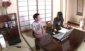 Young Japanese lawyer has sexual connection with client inside the rendezvous and lets him come primarily their way pussy