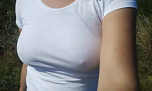 Nice walk lacking in a bra, nipples shine through my white shirt (see through shirt) - boob walk