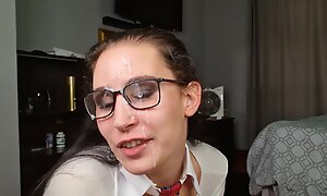 Nerdy girl adjacent to glasses sucking dick, cum on glasses