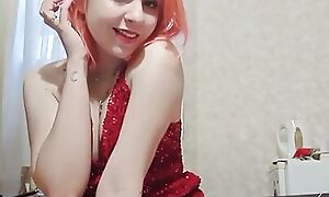 Beautiful homemade striptease in a red dress, masturbation with a toy and orgasm