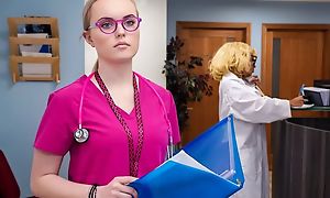 Sex-starved nurse in the matter of glasses gets screwed in approach closely
