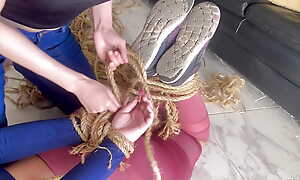 Bossy Girl Hogties with the addition of Gags Barefoot Roommate With Rope, Duct Remain attached with the addition of Pantyhose Encasement