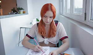 A college unladylike draws a coloring log and spreads her legs when a guy comes